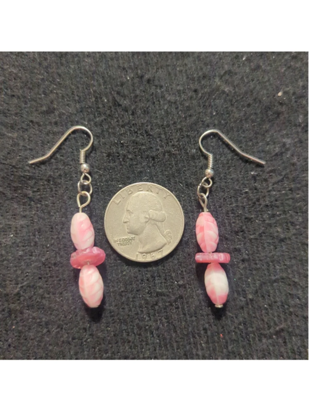 Silver Tone Pink and White Glass Beaded Dangle Statement Earrings